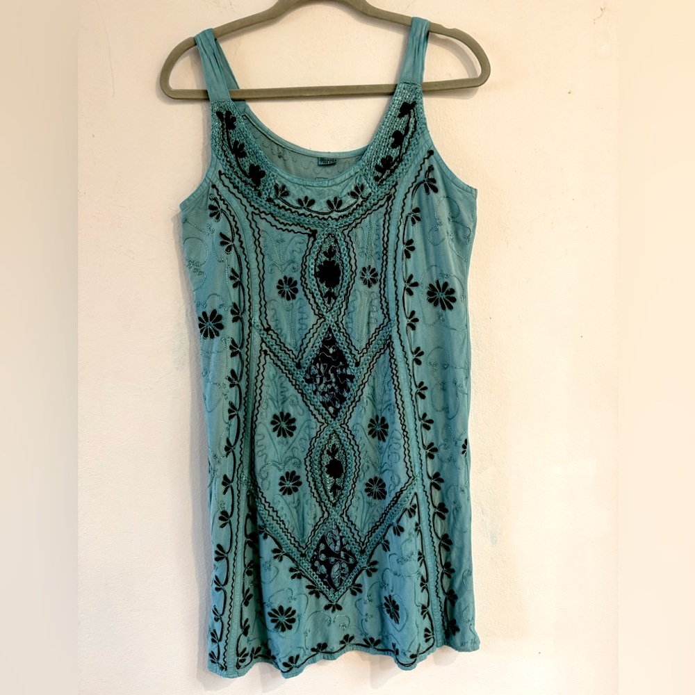 Tourquise heavily embroidered free size tank dress with tie back